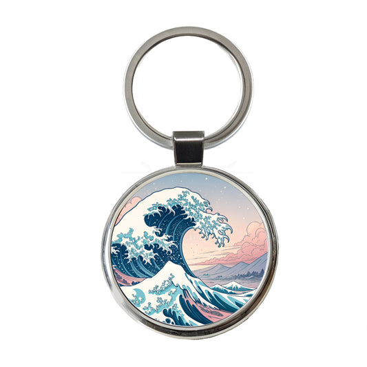 Japanese Blue Pink Ocean Waves Round Metal Keychain