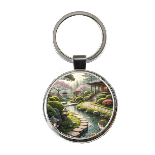 Japanese Garden with Koi Round Metal Keychain