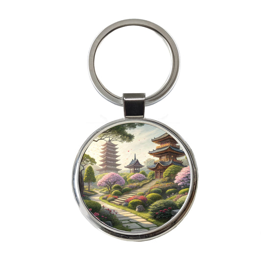 Japanese Garden With Pagodas Round Metal Keychain