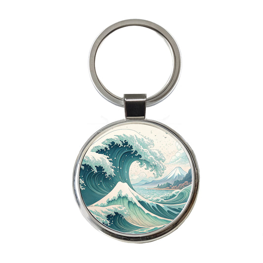 Japanese Ocean Waves Cartoon Round Metal Keychain