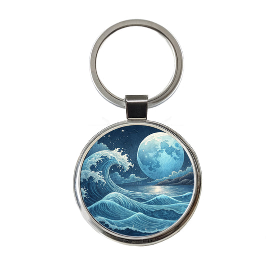 Japanese Ocean Waves Under Large Moon Round Metal Keychain