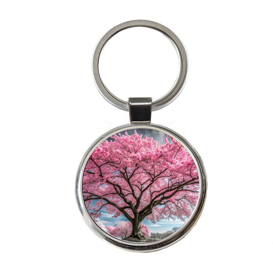 Japanese Sakura Cherry Blossom Tree Round Metal Keychain