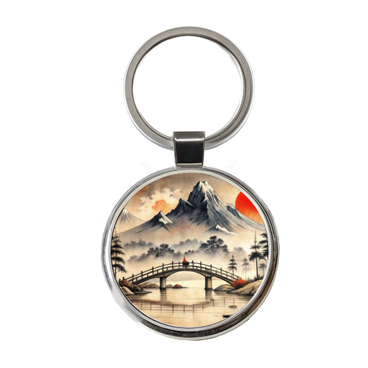 Japanese Style Ink Painting Bridge Over Water Landscape Round Metal Keychain