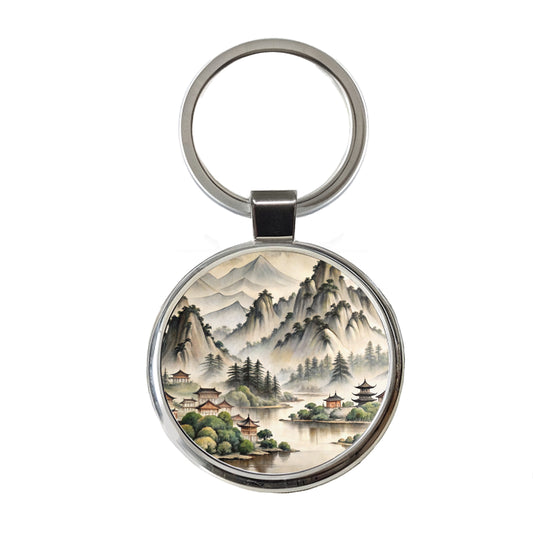Japanese Style Ink Painting Lake and Mountains Landscape Round Metal Keychain