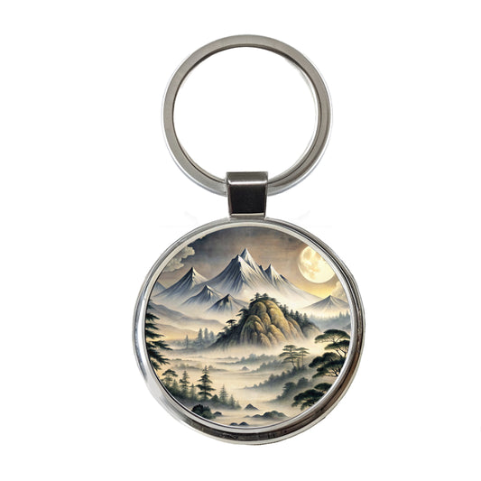Japanese Style Ink Painting Landscape Misty Mountains Large Moon Round Metal Keychain