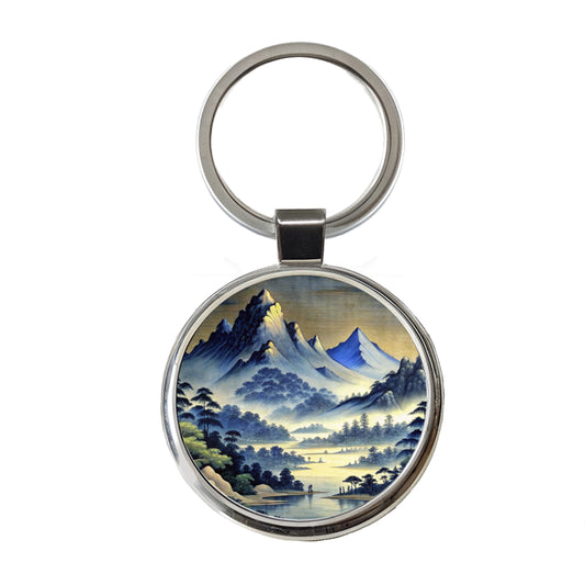 Japanese Style Ink Painting Landscape Mountains At Night Round Metal Keychain