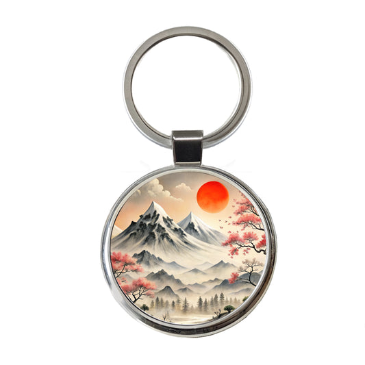 Japanese Style Ink Painting Landscape Mountains Under Red Sun Round Metal Keychain