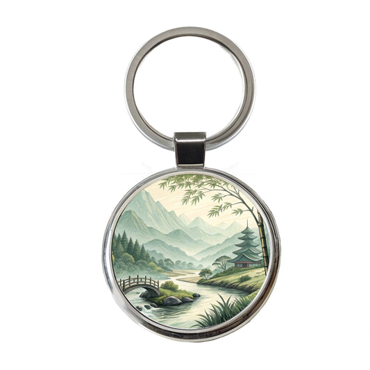 Japanese Style Ink Painting Landscape Round Metal Keychain