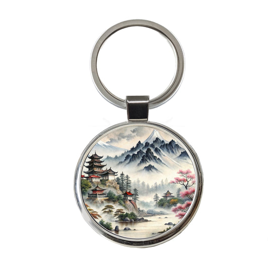 Japanese Style Ink Painting Mountain Landscape Round Metal Keychain