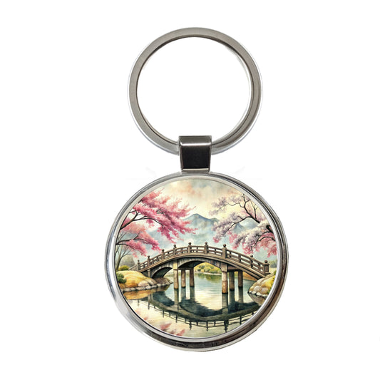 Japanese Style Ink Painting Sakura Trees Bridge Water Landscape Round Metal Keychain