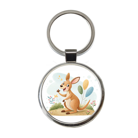 Kangaroo Children's Illustration Style Round Metal Keychain