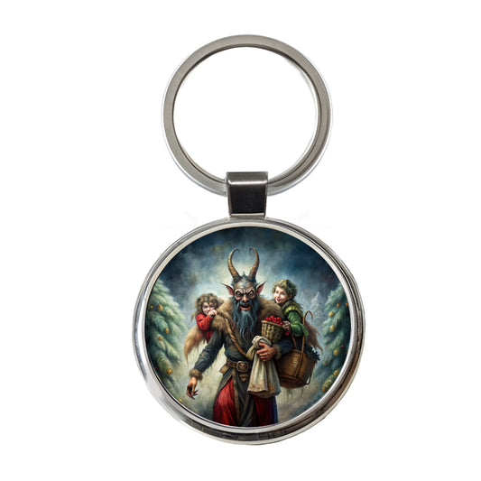 Krampus Carrying Stolen Children at Christmas Round Metal Keychain