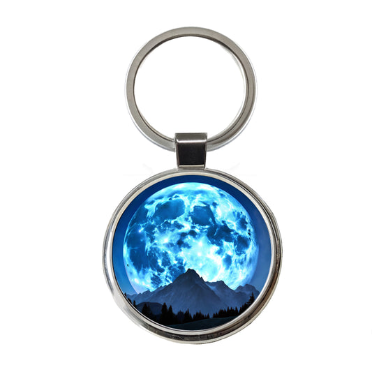 Large Blue Moon Over Mountain Range Round Metal Keychain