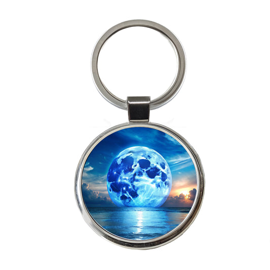 Large Blue Moon Over The Ocean Horizon Round Metal Keychain