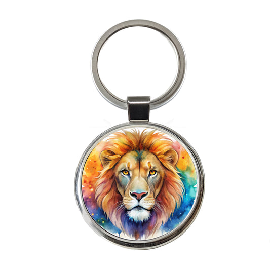 Lion Face Watercolor Round Metal Keychain