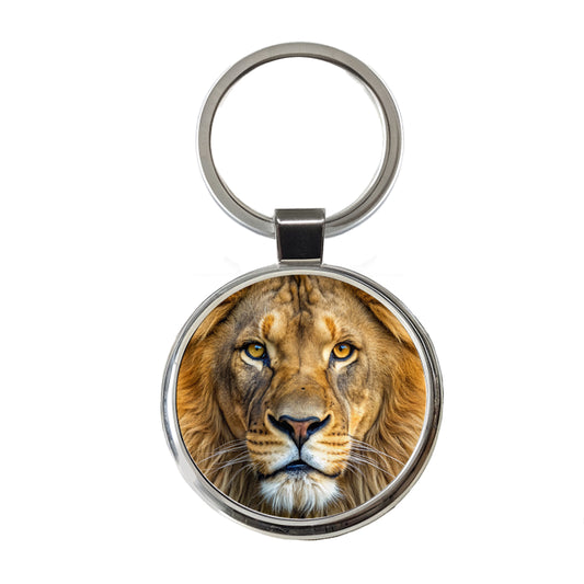 Lion Face Round Metal Keychain