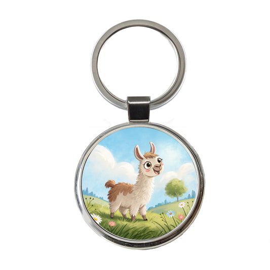 Llama Children's Illustration Style Round Metal Keychain