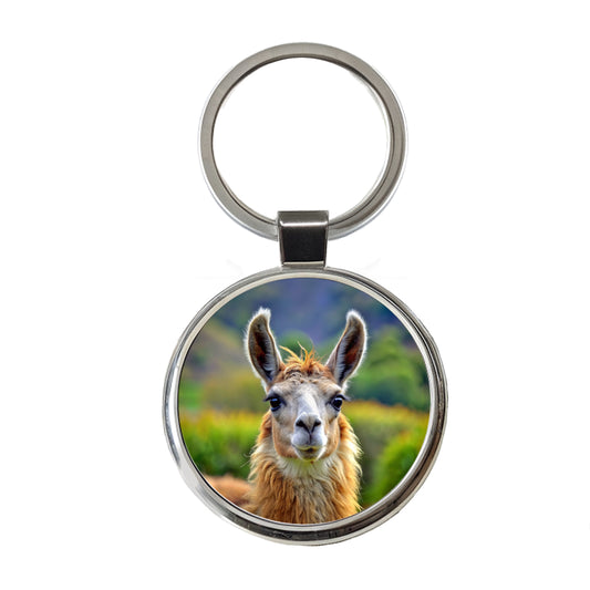 Llama Round Metal Keychain