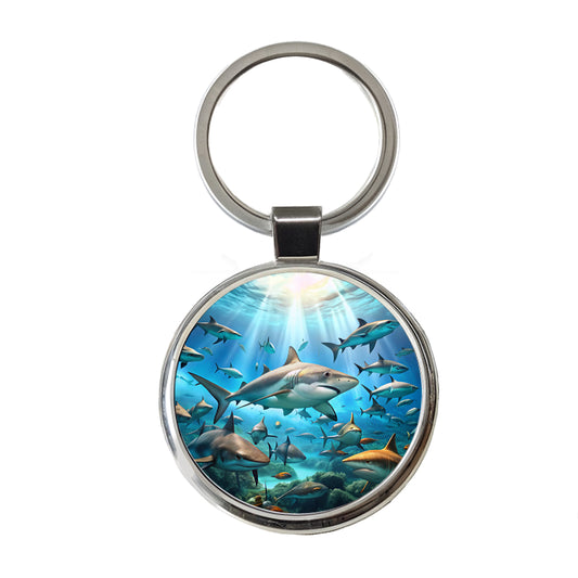 Lots Of Swimming Sharks Round Metal Keychain