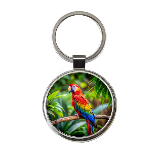 Macaw Parrot Bird On Branch Round Metal Keychain