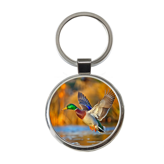 Mallard Duck Flying Round Metal Keychain