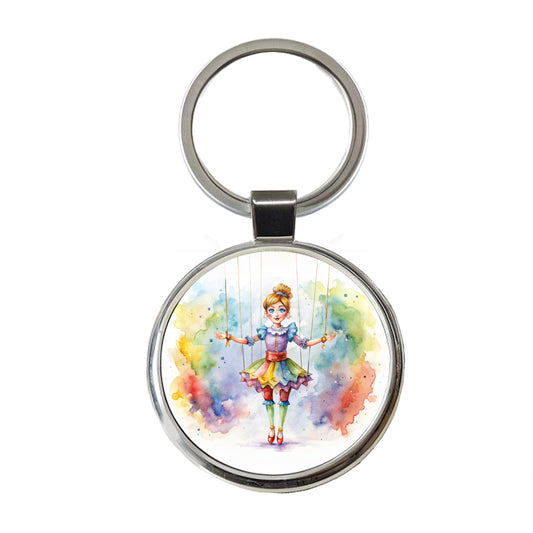 Marionette Puppet on Strings Watercolor Round Metal Keychain