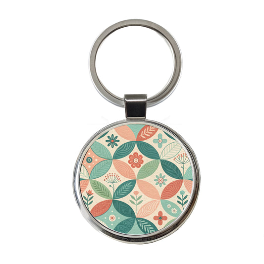Mid-Century Flower Leaf Pattern Design Round Metal Keychain