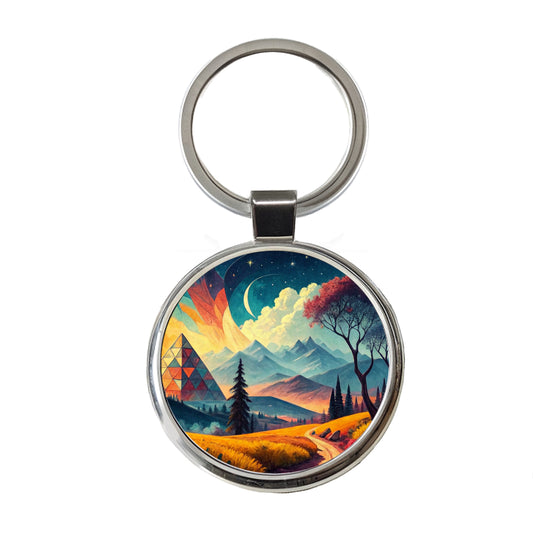 Modern Art Landscape Round Metal Keychain
