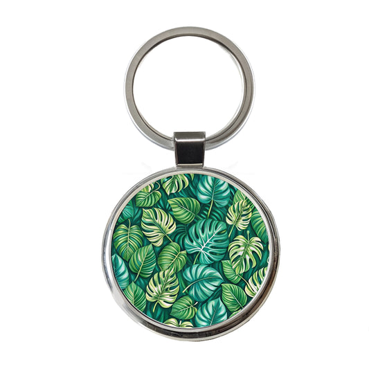Monstera Leaves Pattern Round Metal Keychain