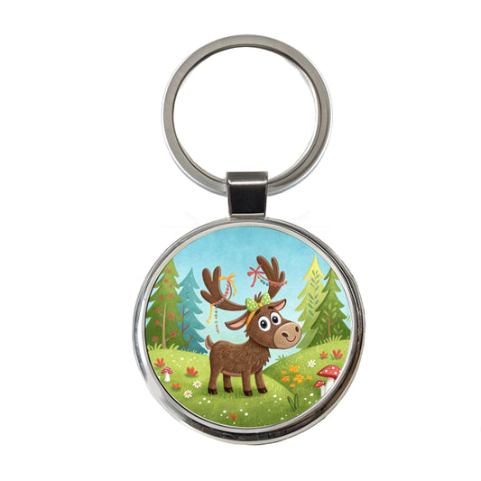 Moose Children's Illustration Style Round Metal Keychain