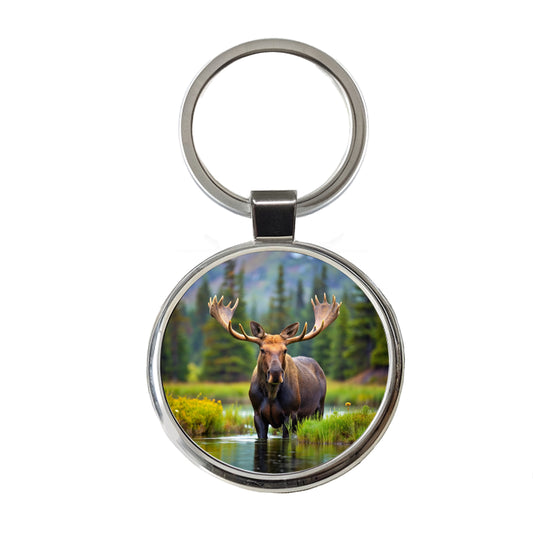 Moose Round Metal Keychain