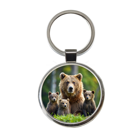 Mother Bear With Cubs Round Metal Keychain