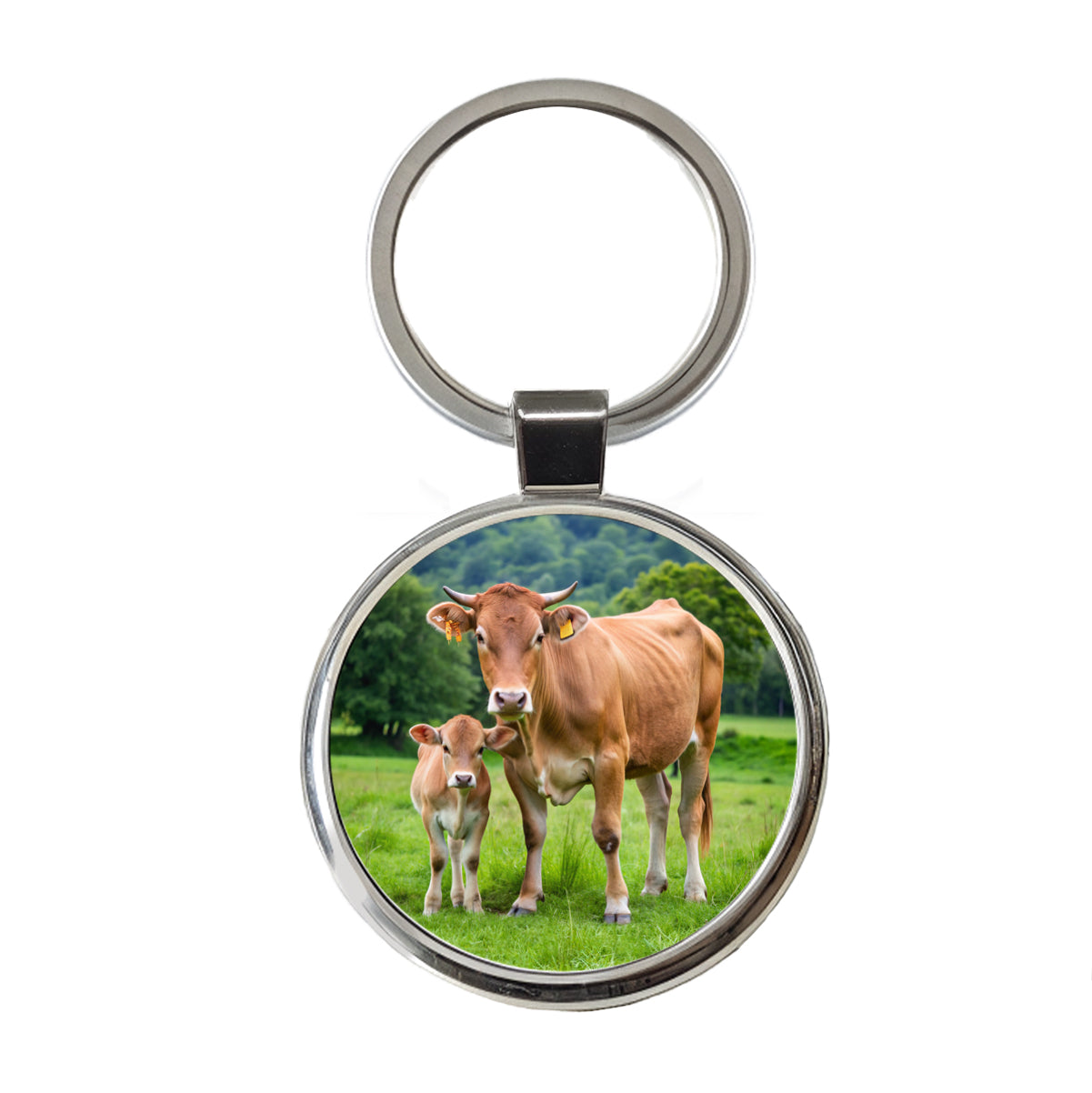 Mother Cow With Calf Round Metal Keychain