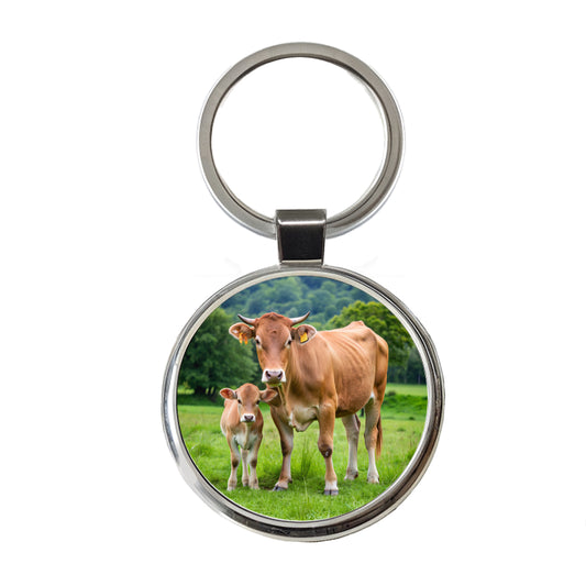 Mother Cow With Calf Round Metal Keychain