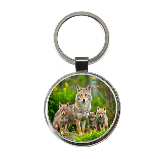 Mother Coyote And Pups Round Metal Keychain
