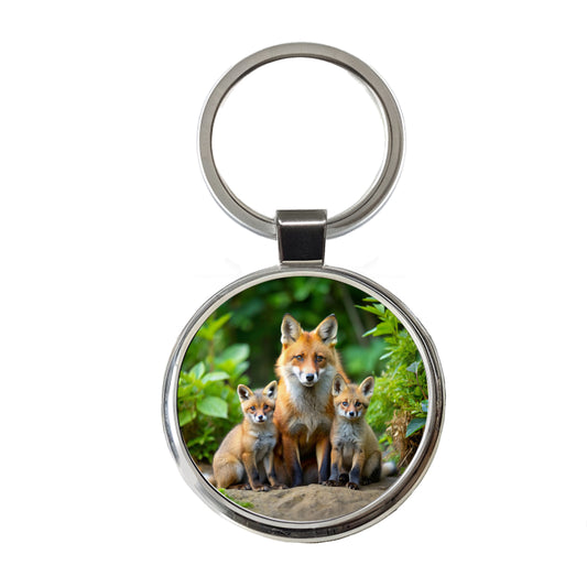 Mother Fox And Pups Round Metal Keychain