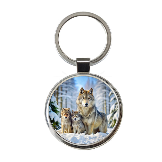 Mother Wolf And Pups In Winter Round Metal Keychain
