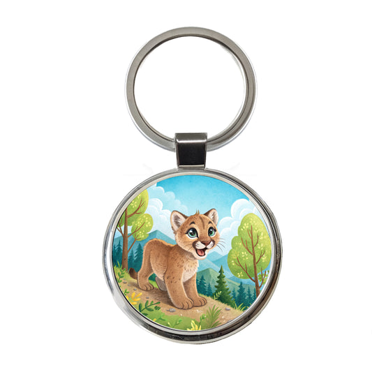 Mountain Lion Cougar Children's Illustration Style Round Metal Keychain