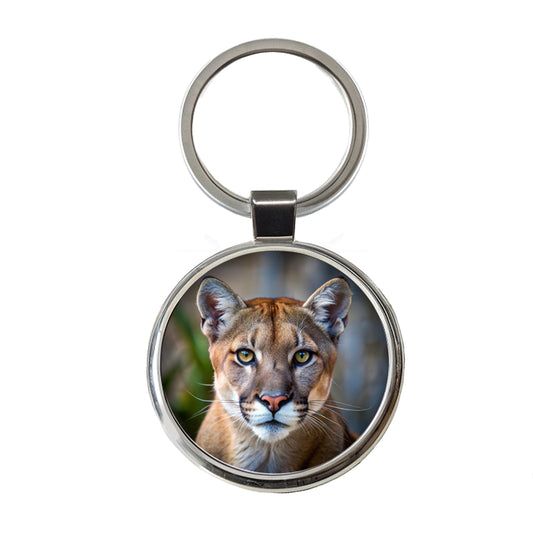 Mountain Lion Cougar Face Round Metal Keychain