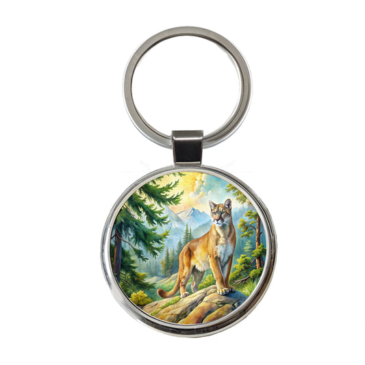 Mountain Lion Cougar In Woods Watercolor Round Metal Keychain