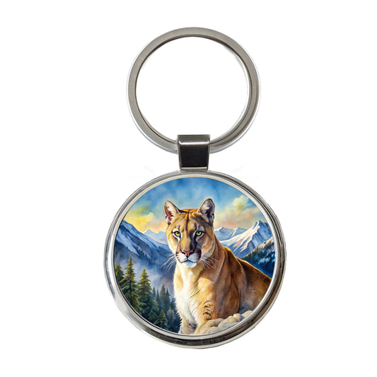 Mountain Lion Cougar Watercolor Round Metal Keychain