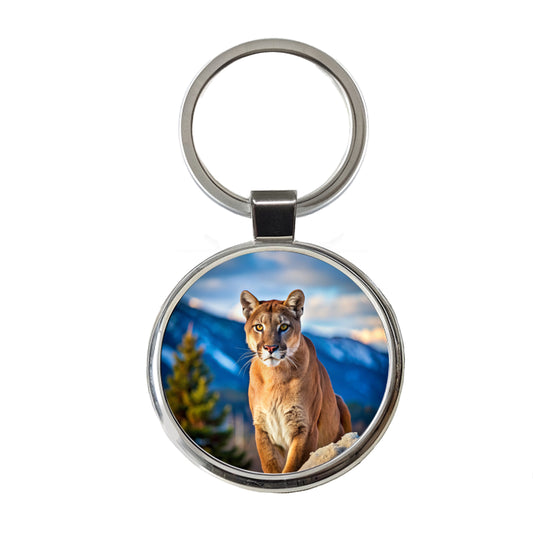 Mountain Lion Cougar Round Metal Keychain