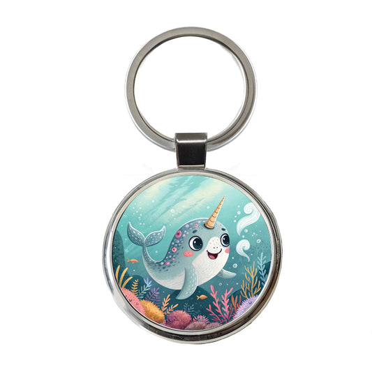 Narwhal Children's Illustration Style Round Metal Keychain