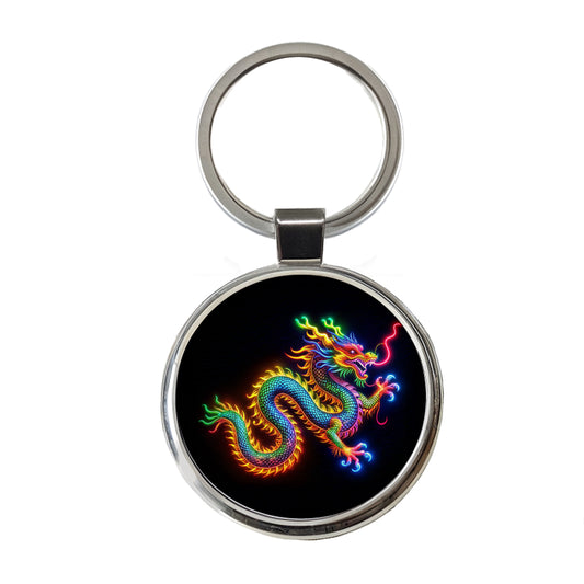 Neon Asian Dragon Round Metal Keychain