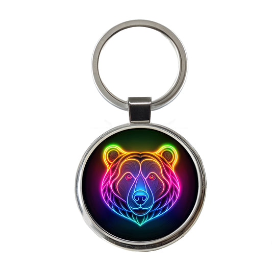 Neon Bear Face Round Metal Keychain