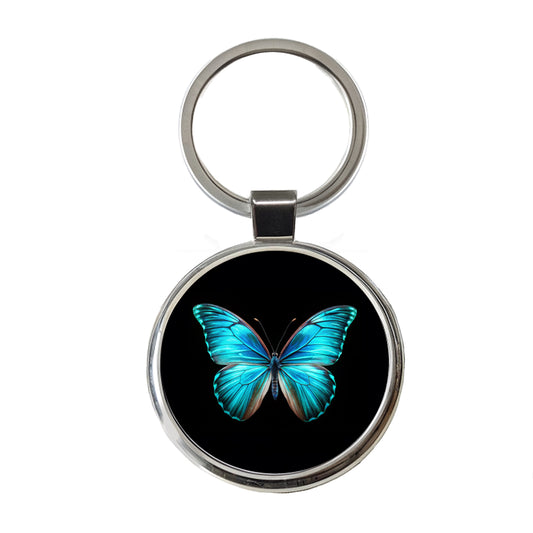 Neon Blue Teal Butterfly Round Metal Keychain