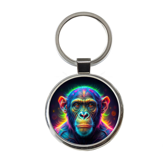Neon Chimpanzee Monkey Round Metal Keychain