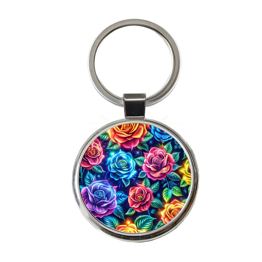 Neon Colorful Rose Floral Pattern Round Metal Keychain