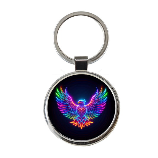 Neon Eagle Firebird Bird Round Metal Keychain