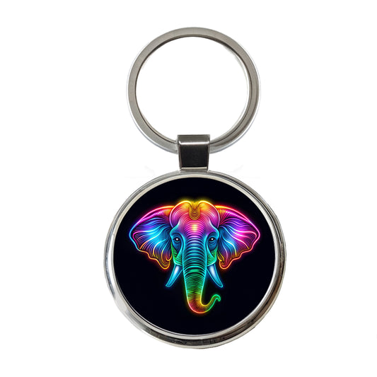 Neon Elephant Face Round Metal Keychain
